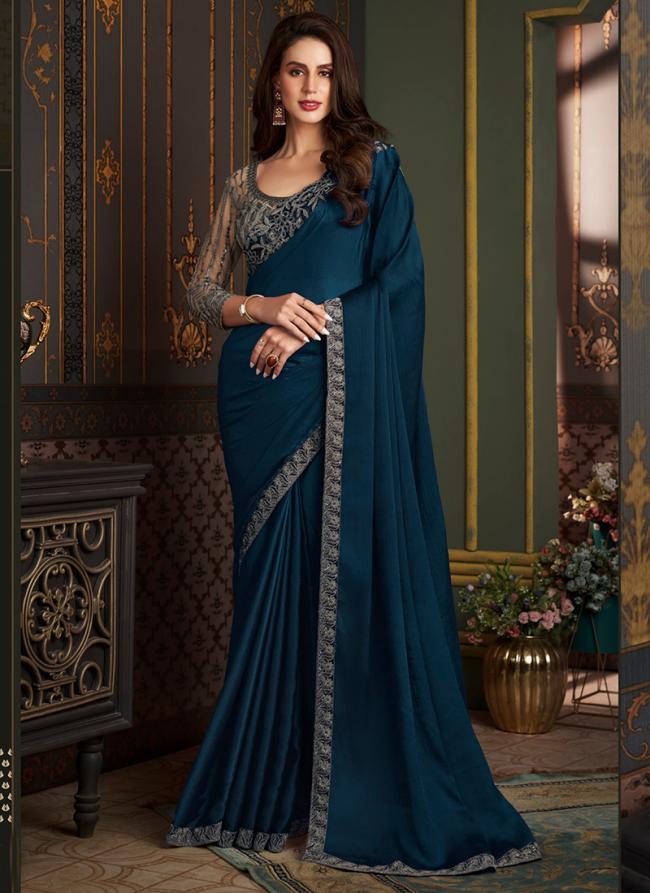 Satin Silk Navy Blue Party Wear Embroidery Work Saree